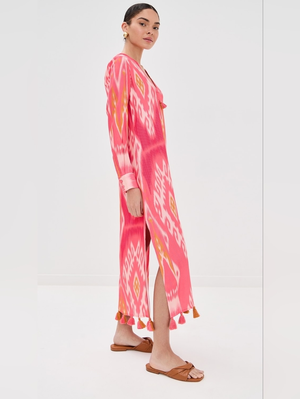 Figue Dress Margaux Salome Ikat Sunset Coral Tassel Kaftan Size L - Picture 3 of 16